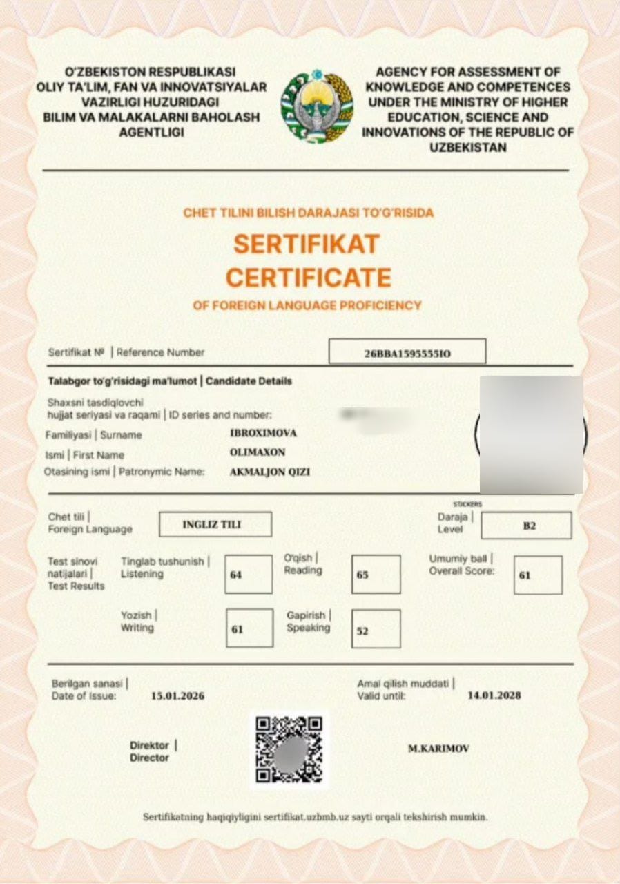 Olimaxon I. — verified IELTS B2 · 61 Test Report Form