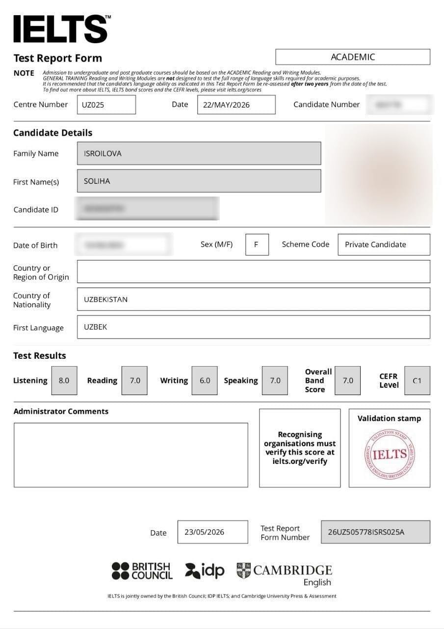 Soliha I. — verified IELTS Band 7.0 Test Report Form