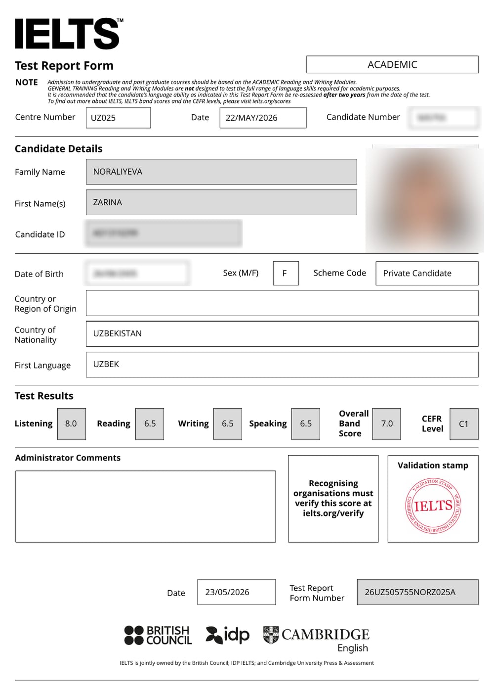 Zarina N. — verified IELTS Band 7.0 Test Report Form